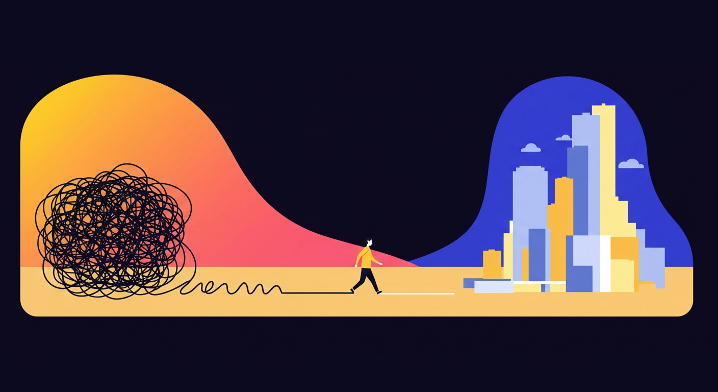 Alt Text: Illustration of a person leaving chaos behind and walking a straight path to a city, symbolising the journey to success with a career coach in Melbourne, VIC.